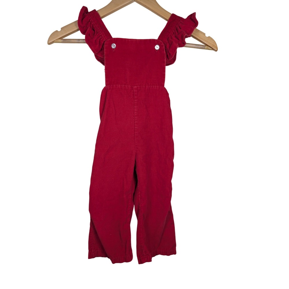 Vintage Red Corduroy Ruffle Strap Overalls Kids Bib Jumpsuit Classic Retro 3t